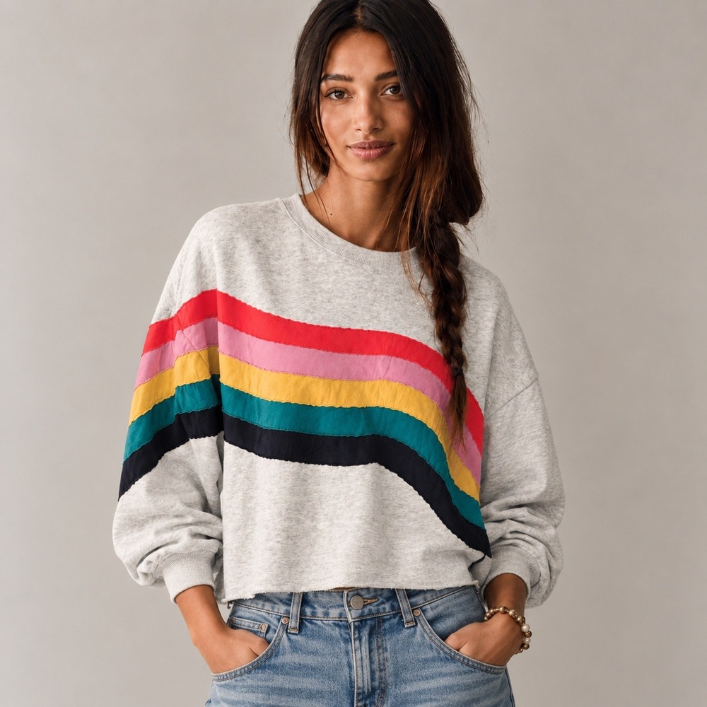 Marine Layer Archive Rainbow Wave Cropped Sweatshirt Gray L Boho